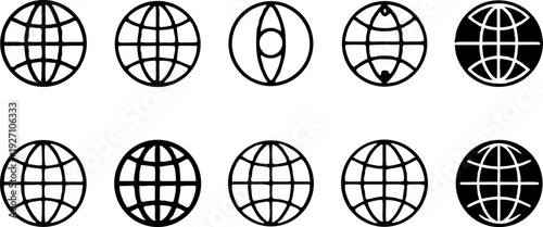 A collection of twelve globe icons arranged in a three-by-four grid, all in a flat, minimalist style, rendered in solid black against a transparent background. Each globe is spherical with latitude an
