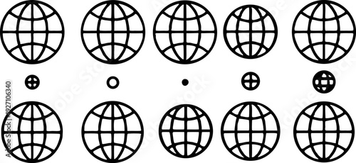 A collection of twelve globe icons arranged in a three-by-four grid, all in a flat, minimalist style, rendered in solid black against a transparent background. Each globe is spherical with latitude an