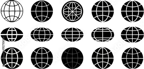 A collection of twelve globe icons arranged in a three-by-four grid, all in a flat, minimalist style, rendered in solid black against a transparent background. Each globe is spherical with latitude an