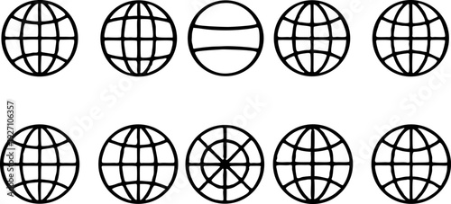 A collection of twelve globe icons arranged in a three-by-four grid, all in a flat, minimalist style, rendered in solid black against a transparent background. Each globe is spherical with latitude an