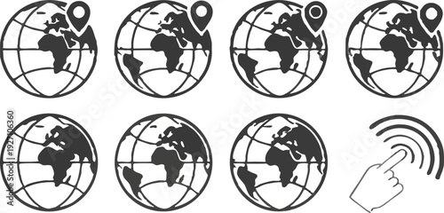 A collection of twelve globe icons arranged in a three-by-four grid, all in a flat, minimalist style, rendered in solid black against a transparent background. Each globe is spherical with latitude an