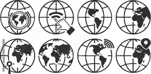 A collection of twelve globe icons arranged in a three-by-four grid, all in a flat, minimalist style, rendered in solid black against a transparent background. Each globe is spherical with latitude an