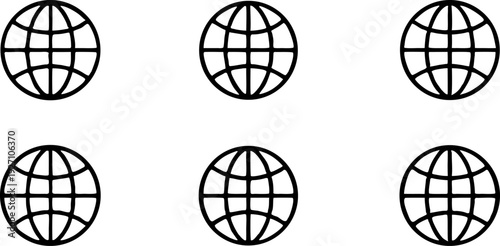A collection of twelve globe icons arranged in a three-by-four grid, all in a flat, minimalist style, rendered in solid black against a transparent background. Each globe is spherical with latitude an