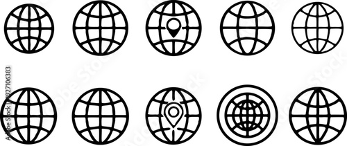 A collection of twelve globe icons arranged in a three-by-four grid, all in a flat, minimalist style, rendered in solid black against a transparent background. Each globe is spherical with latitude an