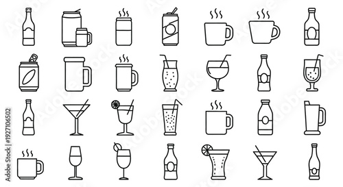 Collection of simple black line art icons representing various beverage bottles, glasses, mugs, and cans