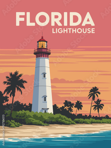 Florida Lighthouse Travel poster, bold white typography with red band coastal beacon design