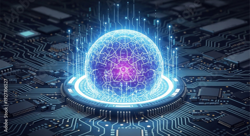 Glowing Futuristic Digital Sphere on a Computer Circuit Board.