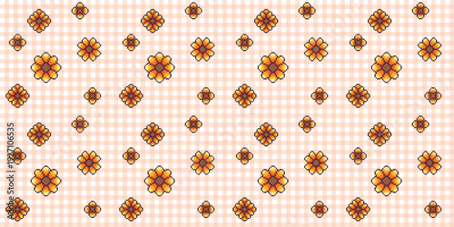 The sunflower pixel art design is a continuous pattern, suitable for various surfaces including printed fabrics, gift wrapping paper, and continuous backgrounds.