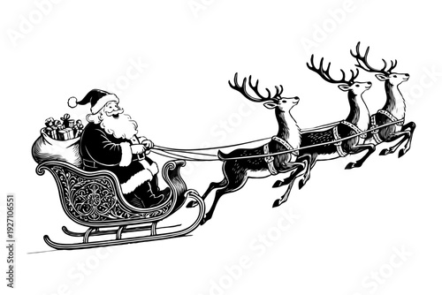Santa Claus riding a sleigh pulled by reindeer, hand-drawn sketch style on white background, concept of traditional Christmas folklore scene