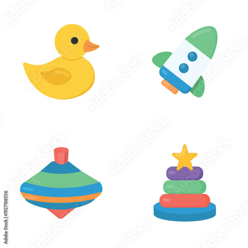 Cute baby toys set. Duck, rocket, spinning top and stacking rings vector illustration