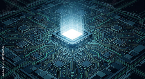 Glowing Central Processing Unit with Blue Energy Beam.