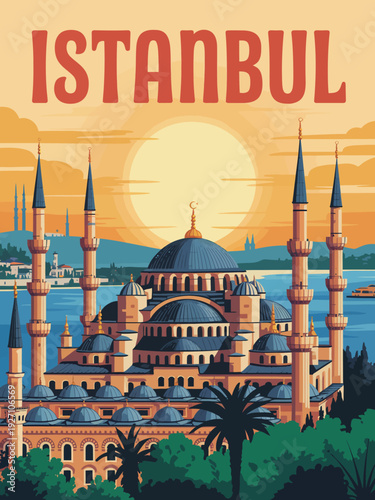 Istanbul Vintage City poster, orange toned mosque skyline with elegant domes and tall minarets