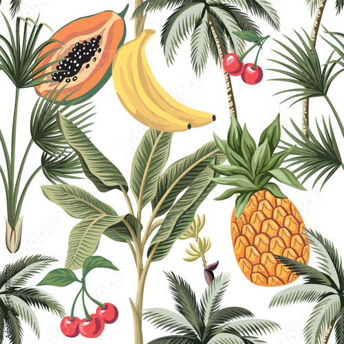 Cherry, banana,  pineapple, papaya fruit, palm, seamless pattern. Summer tropical exotic print.	