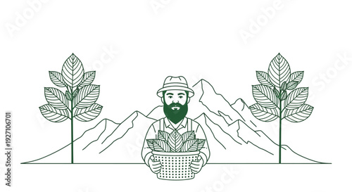 Farmer holding a basket of plants in a mountainous landscape.