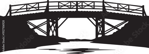 Wooden bridge over river silhouette vector illustration line art park landscape background
