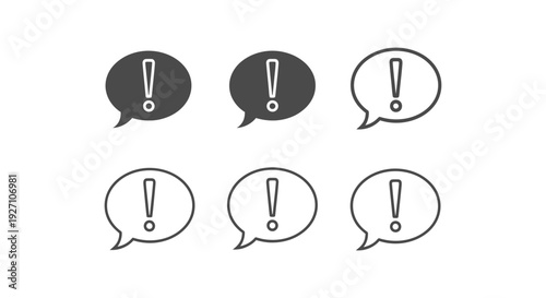 Collection of six essential vector graphic speech bubbles featuring crucial exclamation mark symbols
