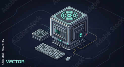 Futuristic isometric computer workstation with glowing elements and advanced technology design.