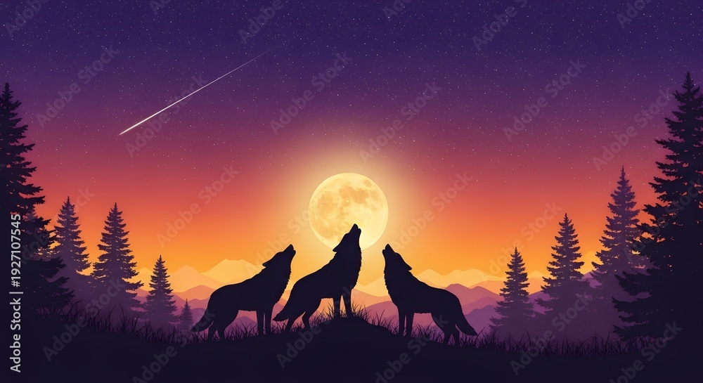 Fototapeta premium Silhouettes of Wolves Howling at Full Moon in Forest Landscape