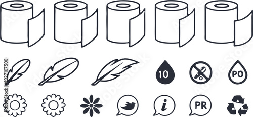 A collection of twenty line-art icons, presented on a transparent background, is arranged in four rows of five icons each. The icons primarily relate to toilet paper and its characteristics. Several i
