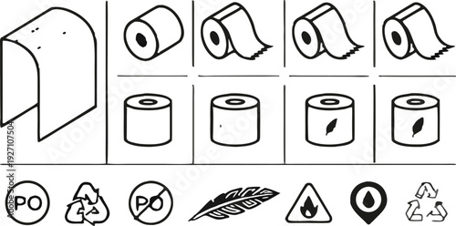 A collection of twenty line-art icons, presented on a transparent background, is arranged in four rows of five icons each. The icons primarily relate to toilet paper and its characteristics. Several i