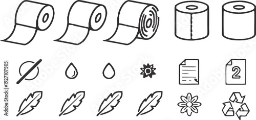 A collection of twenty line-art icons, presented on a transparent background, is arranged in four rows of five icons each. The icons primarily relate to toilet paper and its characteristics. Several i