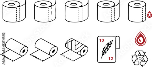 A collection of twenty line-art icons, presented on a transparent background, is arranged in four rows of five icons each. The icons primarily relate to toilet paper and its characteristics. Several i