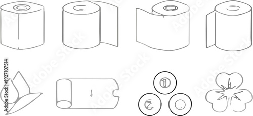 A collection of twenty line-art icons, presented on a transparent background, is arranged in four rows of five icons each. The icons primarily relate to toilet paper and its characteristics. Several i