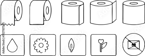 A collection of twenty line-art icons, presented on a transparent background, is arranged in four rows of five icons each. The icons primarily relate to toilet paper and its characteristics. Several i