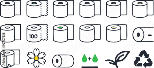 A collection of twenty line-art icons, presented on a transparent background, is arranged in four rows of five icons each. The icons primarily relate to toilet paper and its characteristics. Several i