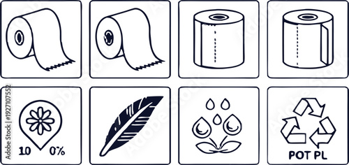 A collection of twenty line-art icons, presented on a transparent background, is arranged in four rows of five icons each. The icons primarily relate to toilet paper and its characteristics. Several i