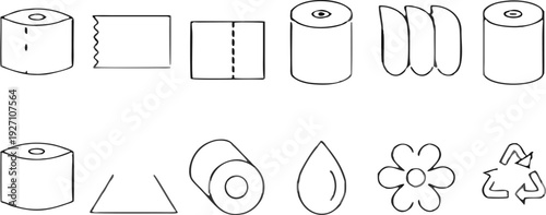A collection of twenty line-art icons, presented on a transparent background, is arranged in four rows of five icons each. The icons primarily relate to toilet paper and its characteristics. Several i