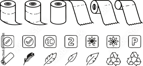 A collection of twenty line-art icons, presented on a transparent background, is arranged in four rows of five icons each. The icons primarily relate to toilet paper and its characteristics. Several i