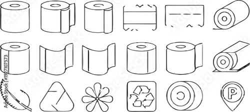 A collection of twenty line-art icons, presented on a transparent background, is arranged in four rows of five icons each. The icons primarily relate to toilet paper and its characteristics. Several i