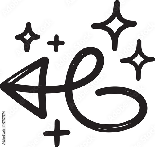 Curved arrow moving forward swiftly with sparkling stars, symbolizing progress, efficiency,