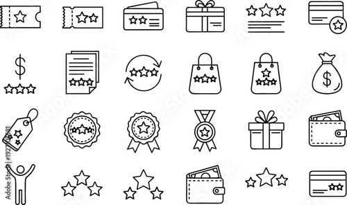 Vector Icons Set Featuring Star Rating Symbols, Badges, Loyalty Cards, Rewards, and Shopping Elements for Digital Media, Websites, and Apps