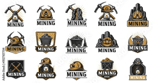 Collection of mining-themed logos, showcasing various tools and elements.