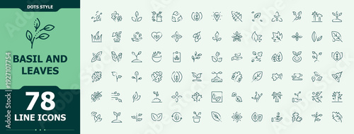 Basil and Leaves icon set. Web icons pack. Contain linear symbols eco, plant, herb, basil, garden, tree, ecology. Editable stroke. Vector collection. Tree icon set.