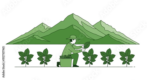 Man tending to plants in a garden with mountains in the background.