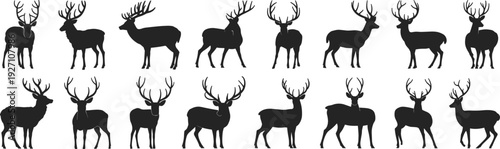 Black deer silhouette set with majestic antlers, forest wildlife collection, buck and stag vector icons, nature 