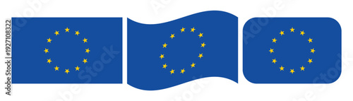 Set of european union flag icons in rectangle waving and rounded square shapes isolated on white background