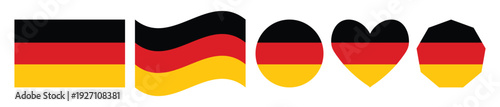 Set of german national flag icons in multiple shapes including rectangle wave circle heart and hexagon isolated on white background