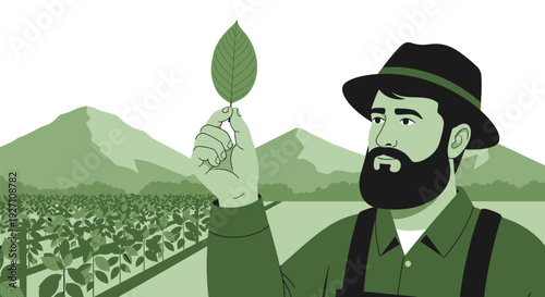 Illustration of a bearded man holding a leaf in a green landscape.