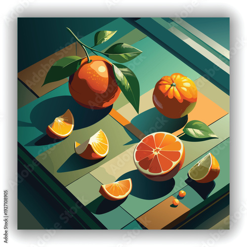 A high-angle shot presents a still life composition of tangerines against a transparent backdrop. The primary subject features two whole tangerines and several detached segments. One tangerine is peel