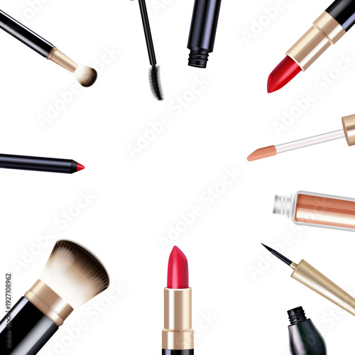 Collection of makeup products including lipstick eyeshadow brushes and mascara