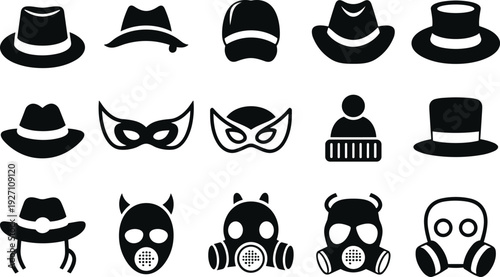 Black hat and mask silhouette set, headwear collection including fedora top hat and gas mask, vector icons for fashion costume, mysterious face covering, protective gear, head accessory, isolated on 