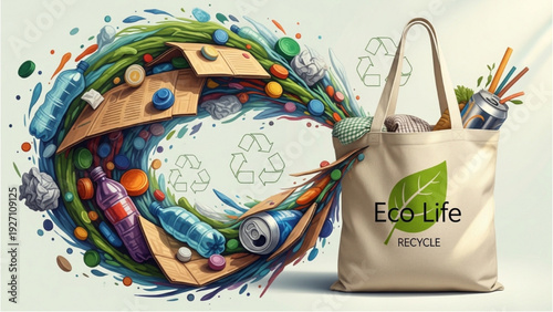 Eco Life Reusable Bag with Recycling Symbol Artistic Sustainable Lifestyle Background