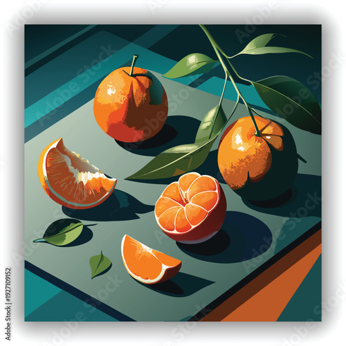 A high-angle shot presents a still life composition of tangerines against a transparent backdrop. The primary subject features two whole tangerines and several detached segments. One tangerine is peel