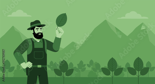 Farmer holding a leaf in a green landscape.