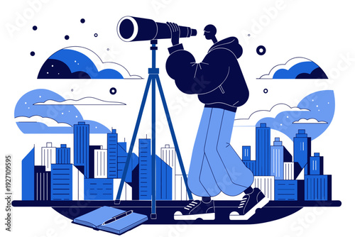Person observing cityscape using telescope in urban skyline  