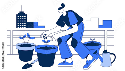 Person gardening and planting seeds in pots on balcony in urban setting  